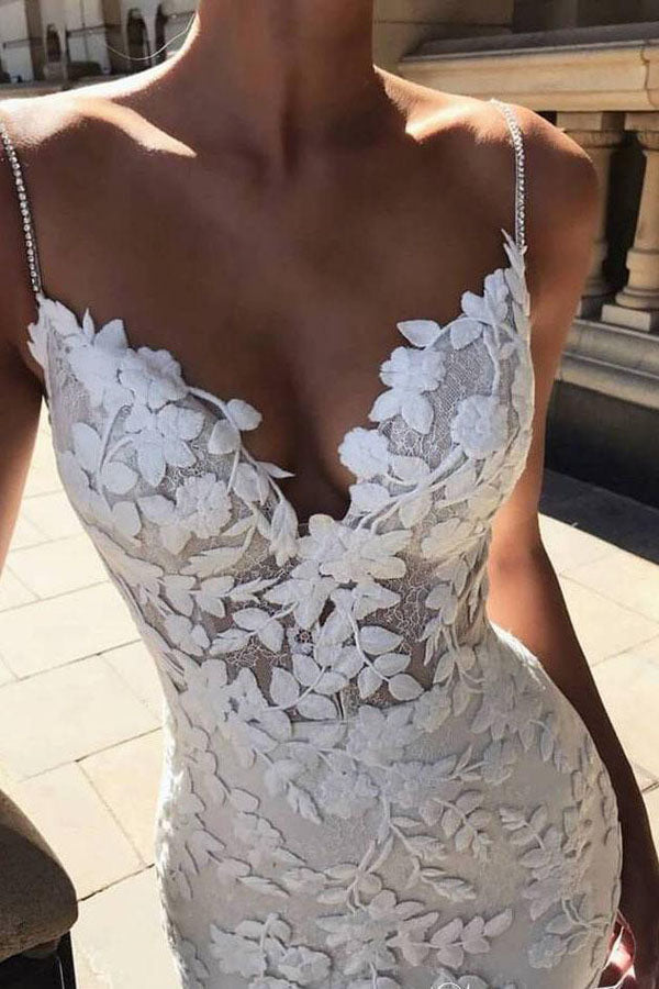 Roycebridal Spaghetti Strap Vintage Mermaid Lace Appliques Wedding Dress