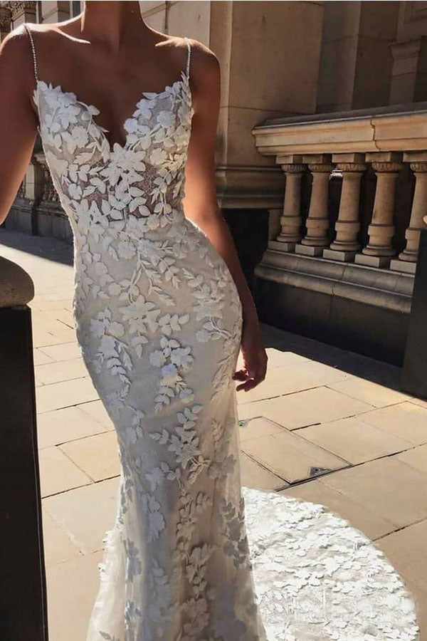 Roycebridal Spaghetti Strap Vintage Mermaid Lace Appliques Wedding Dress