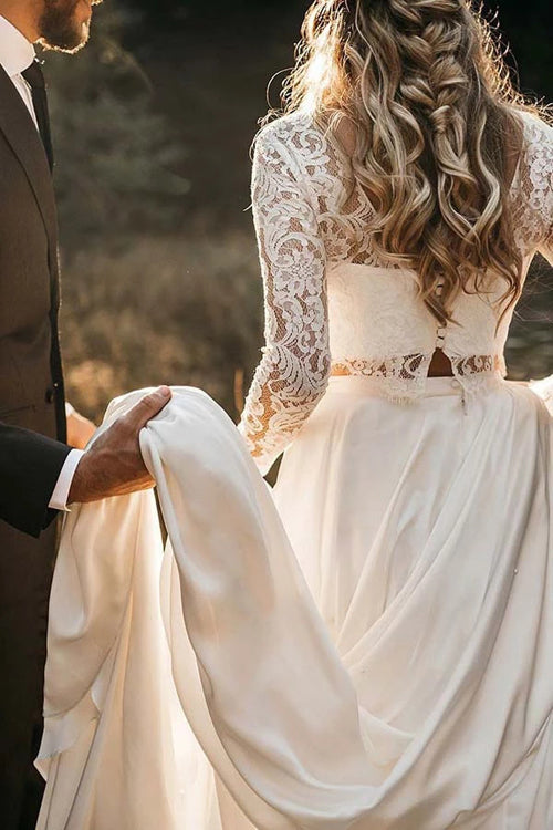 Roycebridal Two Piece Round Neck Lace White Chiffon Wedding Dress With Long Sleeves