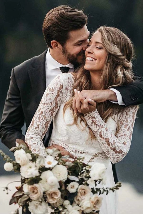 Roycebridal Two Piece Round Neck Lace White Chiffon Wedding Dress With Long Sleeves