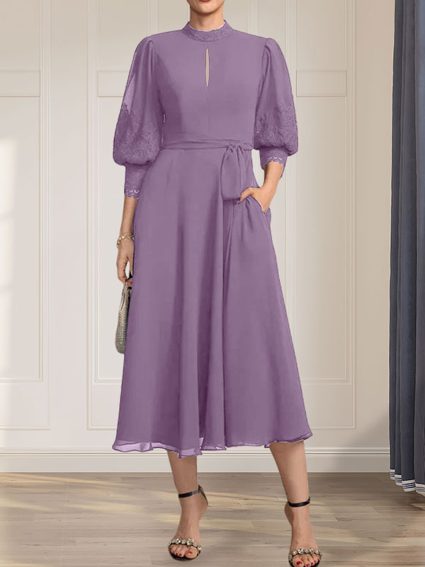 Vestido de gasa con encaje, cuello alto, largo hasta la rodilla, para madre de la novia con lazo