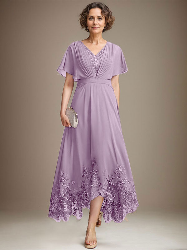 A-Linie V-Ausschnitt Asymmetrisches Spitzen-Chiffon-Kleid für die Brautmutter mit Plissee