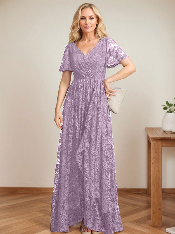 A-Linien-Kleid mit V-Ausschnitt, asymmetrischer Spitze für die Brautmutter mit kaskadierenden Rüschen