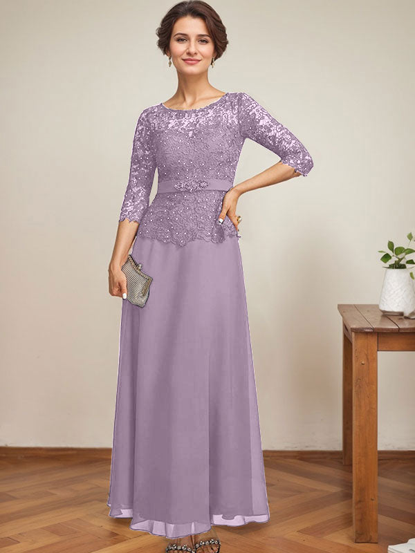 Vestido de gasa con encaje y escote en A, ilusión, largo hasta los tobillos, para madre de la novia con cuentas de diamantes de imitación