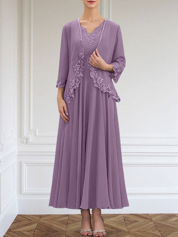 A-Linie V-Ausschnitt Knöchellang Chiffon Kleid für die Brautmutter mit Pailletten Applikationen Spitze Perlen