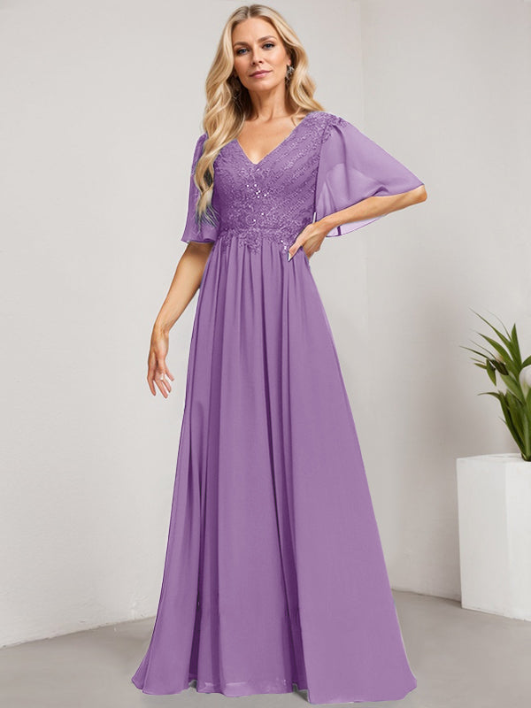 A-Linie V-Ausschnitt Bodenlanges Spitzen-Chiffon-Kleid für die Brautmutter mit Pailletten