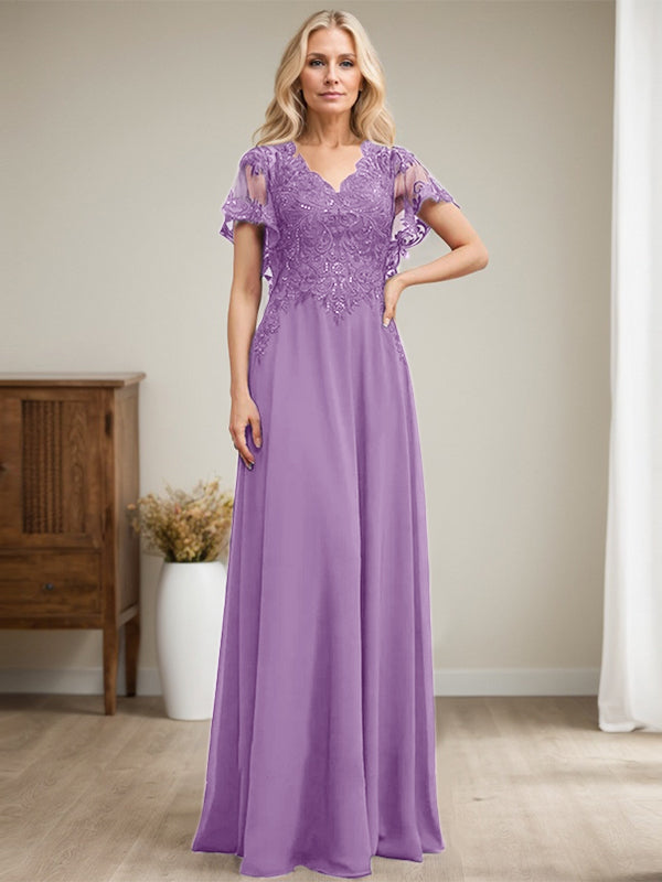 A-Linie V-Ausschnitt Bodenlanges Spitzen-Chiffon-Kleid für die Brautmutter mit Pailletten