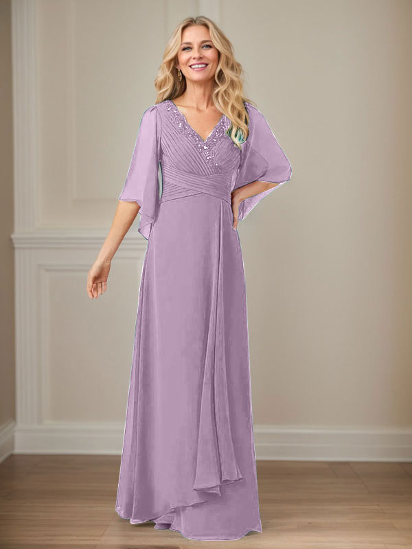A-Linie V-Ausschnitt Lange Pailletten Chiffon Mutterkleid