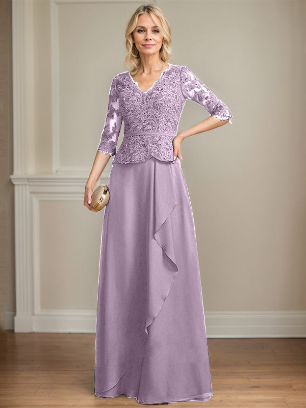 A-Linie, V-Ausschnitt, bodenlanges Chiffon-Kleid für die Brautmutter mit kaskadierenden Rüschen und Pailletten