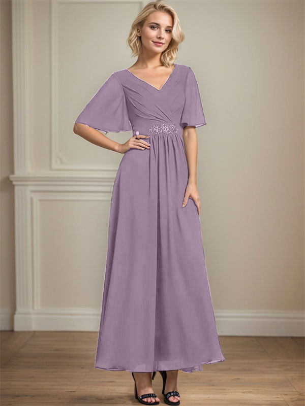 A-Linien-Kleid aus Chiffon mit V-Ausschnitt und Knöchellänge für die Brautmutter mit plissierten Perlen und Pailletten