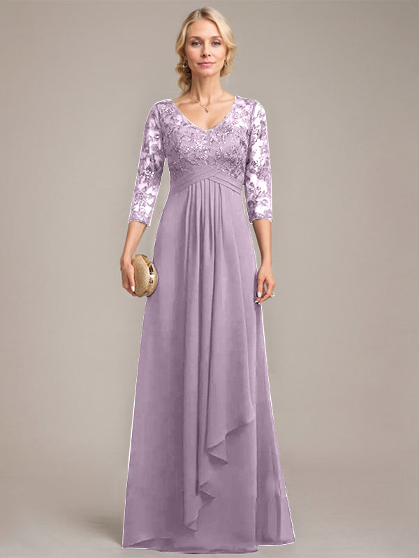 A-Linie, V-Ausschnitt, bodenlanges Chiffon-Kleid für die Brautmutter mit kaskadierenden Rüschen und Pailletten