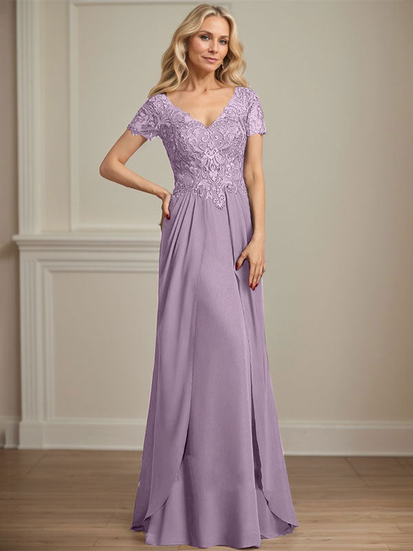 A-Linie V-Ausschnitt Bodenlanges Chiffon-Spitzenkleid für die Brautmutter