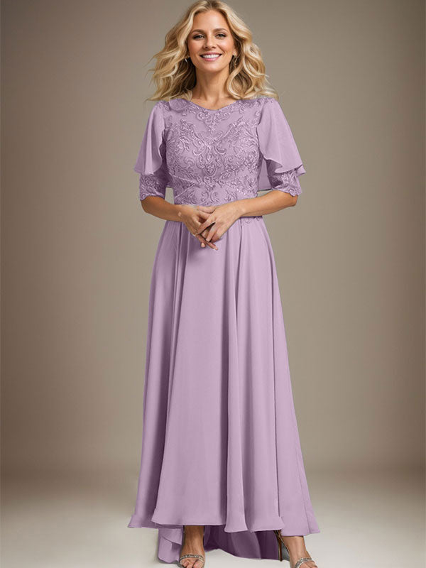 Vestido de madre de la novia de gasa asimétrica con encaje, ilusión, corte A y escote redondo con cuentas