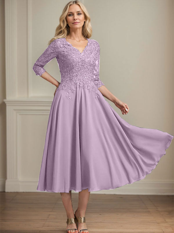 A-Linie, V-Ausschnitt, knielang, Chiffon, Spitze, Kleid für die Brautmutter mit Perlen und Pailletten