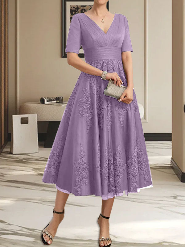 A-line V-Neck Tea-Length Tulle Lace Mother of the Bride Dress With Pleated