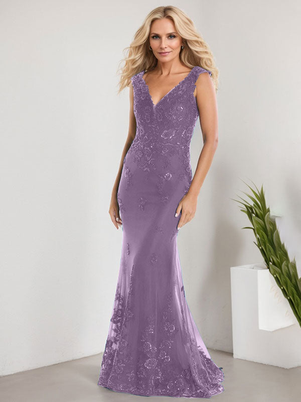 A-Linie V-Ausschnitt Bodenlang Spitze Chiffon Mutter der Braut Kleid Mit Applikation Pailletten Meerjungfrau Kleider