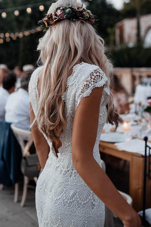 Meerjungfrau Rückenfreies Spitzen Boho Flügelärmeln Bohemian Brautkleid