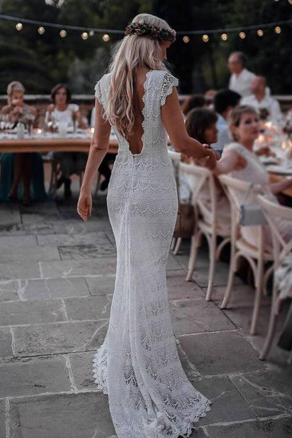 Meerjungfrau Rückenfreies Spitzen Boho Flügelärmeln Bohemian Brautkleid