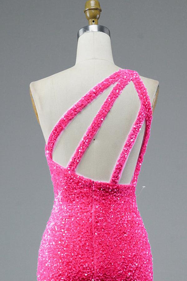 Vestido de fiesta de sirena con lentejuelas, un hombro al descubierto y brillo