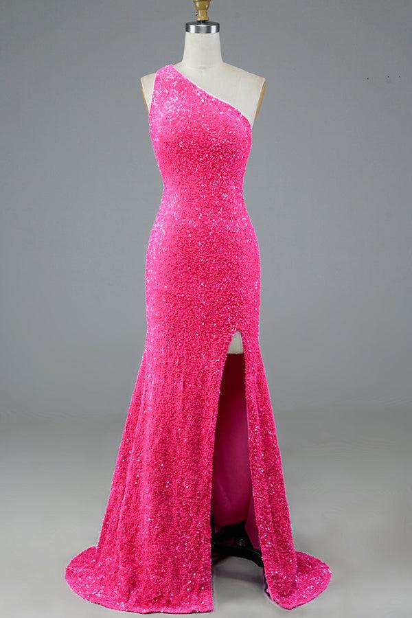 Vestido de fiesta de sirena con lentejuelas, un hombro al descubierto y brillo
