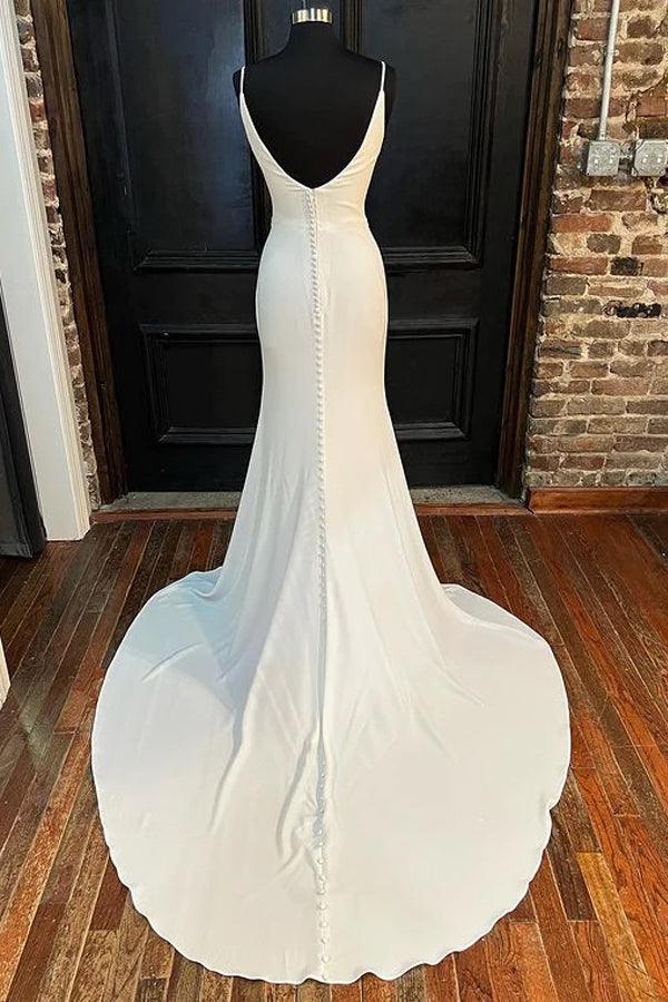 Meerjungfrau Elfenbeinfarbenes rückenfreies langes Brautkleid mit Wasserfallausschnitt und Schlitz