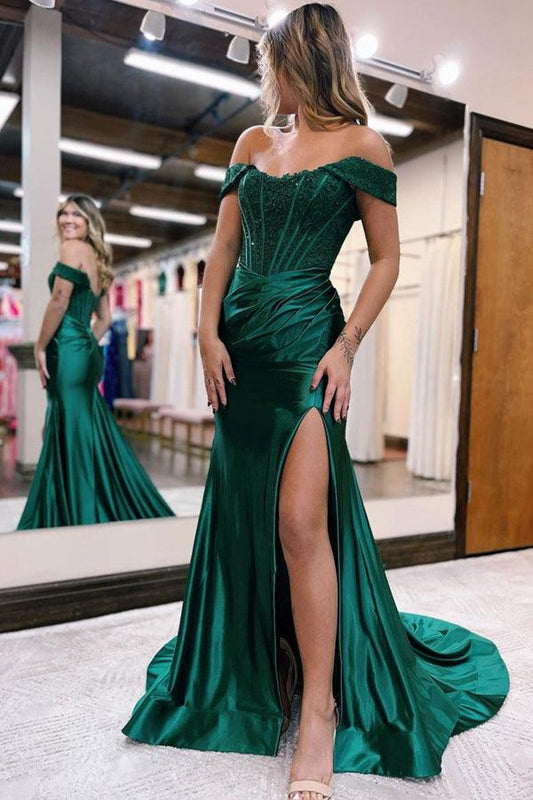 Vestido de fiesta largo de sirena con hombros descubiertos y encaje satinado