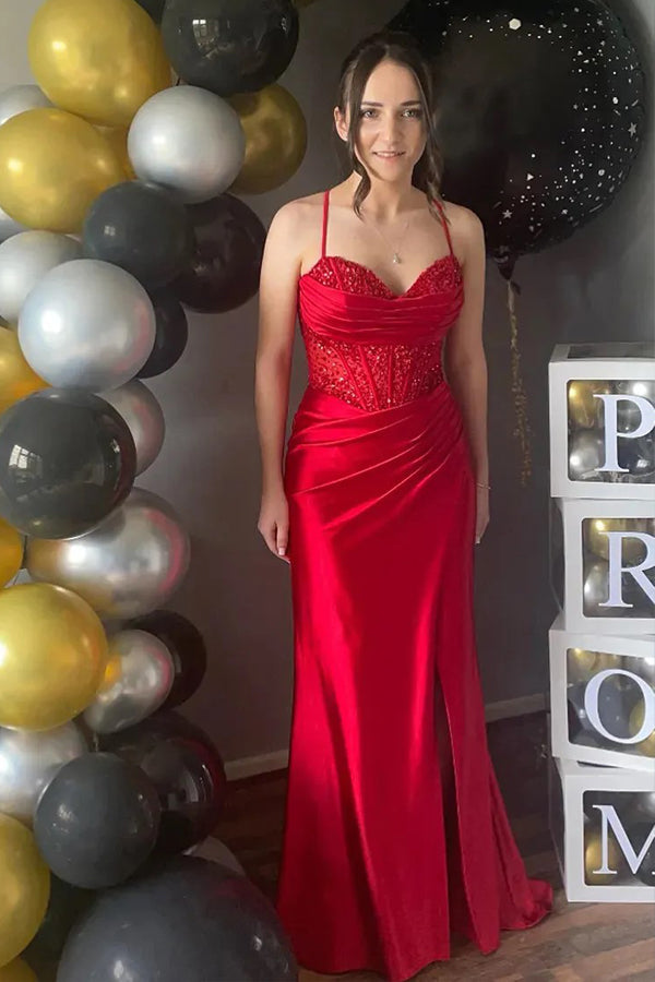 Vestido de fiesta largo con corsé y tirantes finos de sirena con abertura