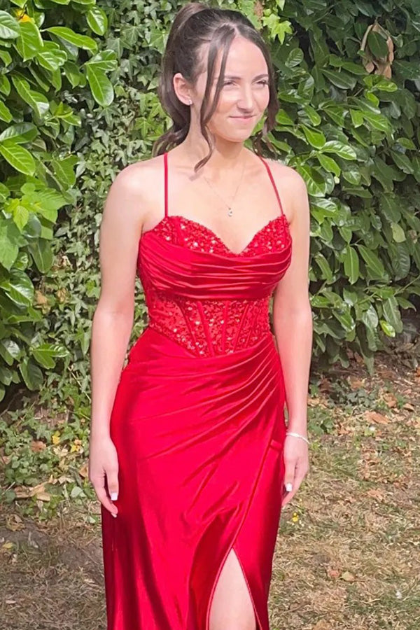 Vestido de fiesta largo con corsé y tirantes finos de sirena con abertura