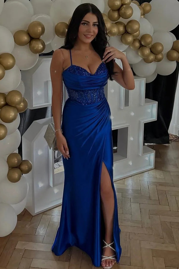 Vestido de fiesta largo con corsé y tirantes finos de sirena con abertura