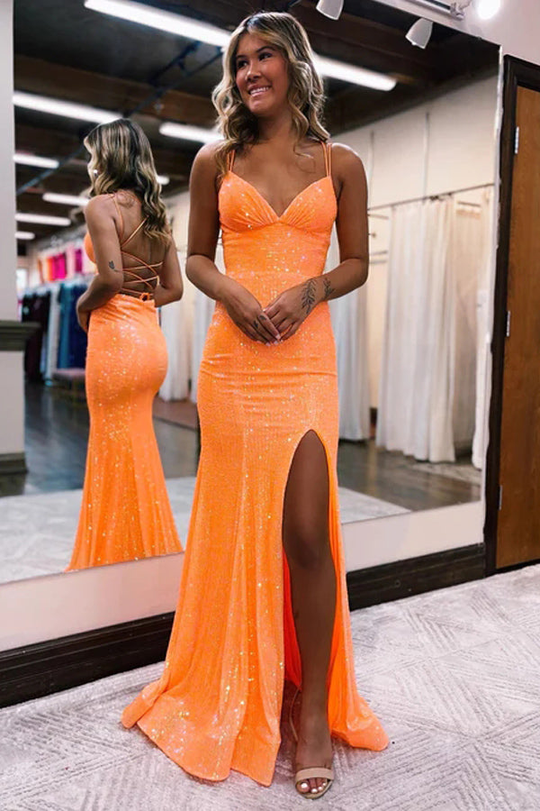 Vestido de fiesta largo estilo sirena con lentejuelas naranjas brillantes de Roycebridal