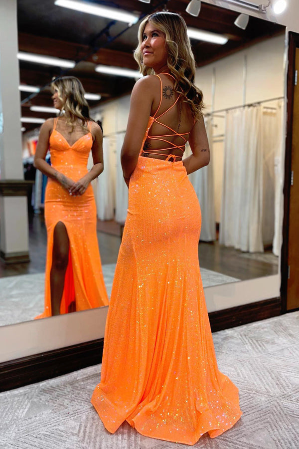 Vestido de fiesta largo estilo sirena con lentejuelas naranjas brillantes de Roycebridal