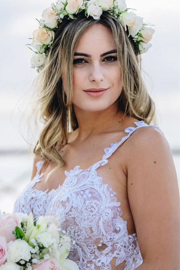 Mermaid Spaghetti Straps Lace Wedding Dress Beach Bridal Gown