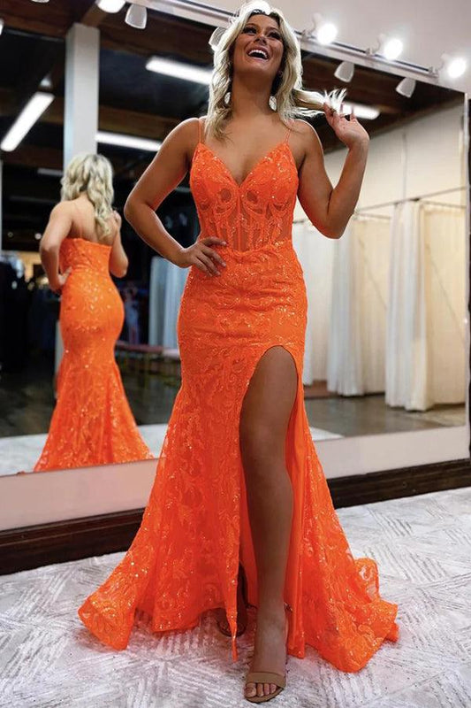 Vestido de fiesta largo naranja con abertura y escote en V y sirena, con purpurina, PSK416