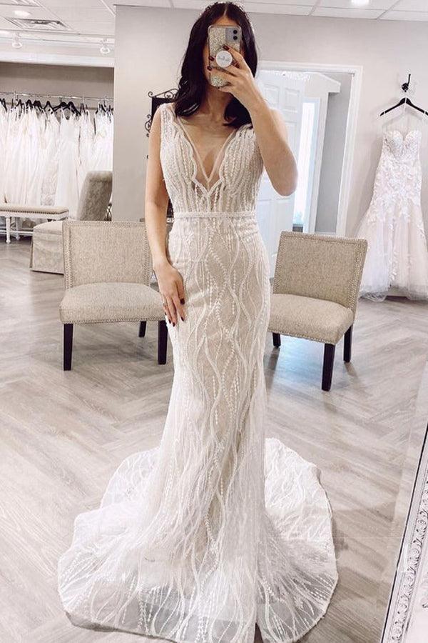 Meerjungfrau V-Ausschnitt Spitze Brautkleider Rückenfreies Brautkleid