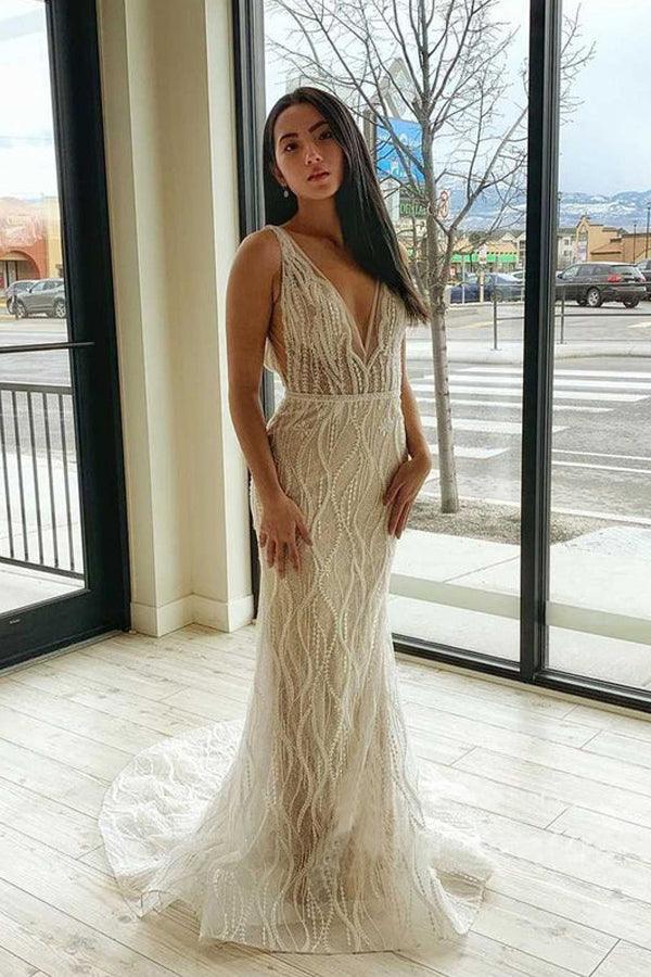 Meerjungfrau V-Ausschnitt Spitze Brautkleider Rückenfreies Brautkleid