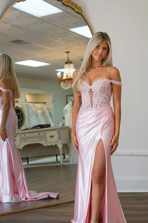 Vestido de fiesta rosa de sirena con hombros descubiertos y apliques