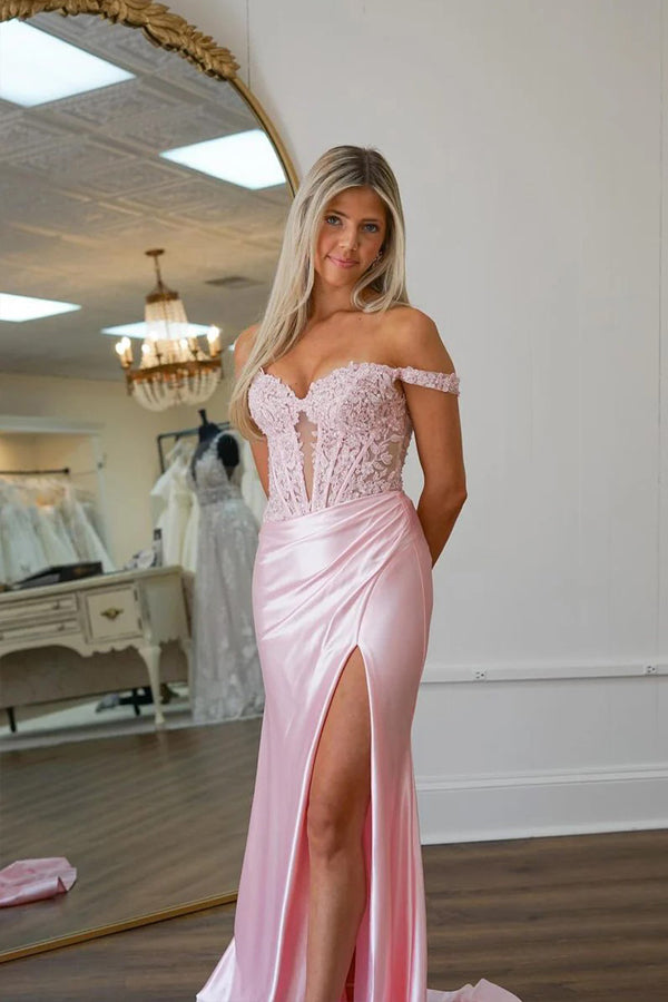 Vestido de fiesta rosa de sirena con hombros descubiertos y apliques