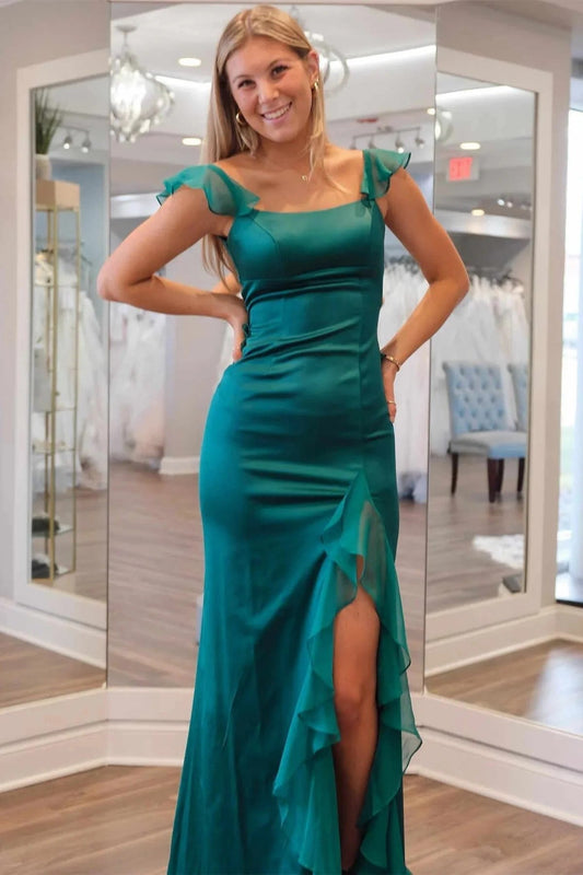 Vestido de fiesta largo verde con tirantes de sirena, escote redondo, plisado y abertura alta