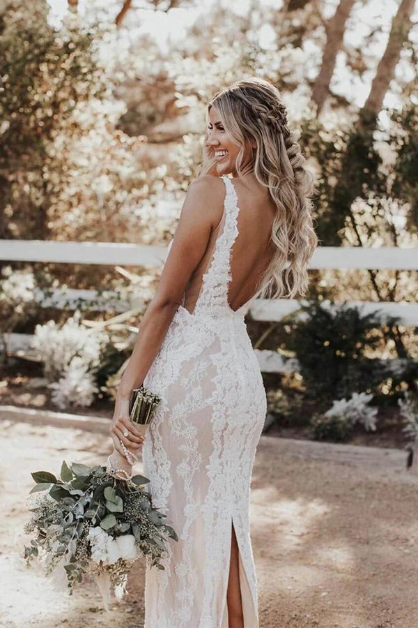 Meerjungfrau/Trompete Tiefer V-Ausschnitt Spitze Boho Brautkleid Brautkleid