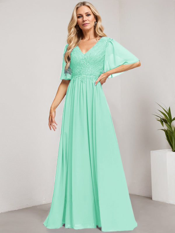 A-Linie V-Ausschnitt Bodenlanges Spitzen-Chiffon-Kleid für die Brautmutter mit Pailletten