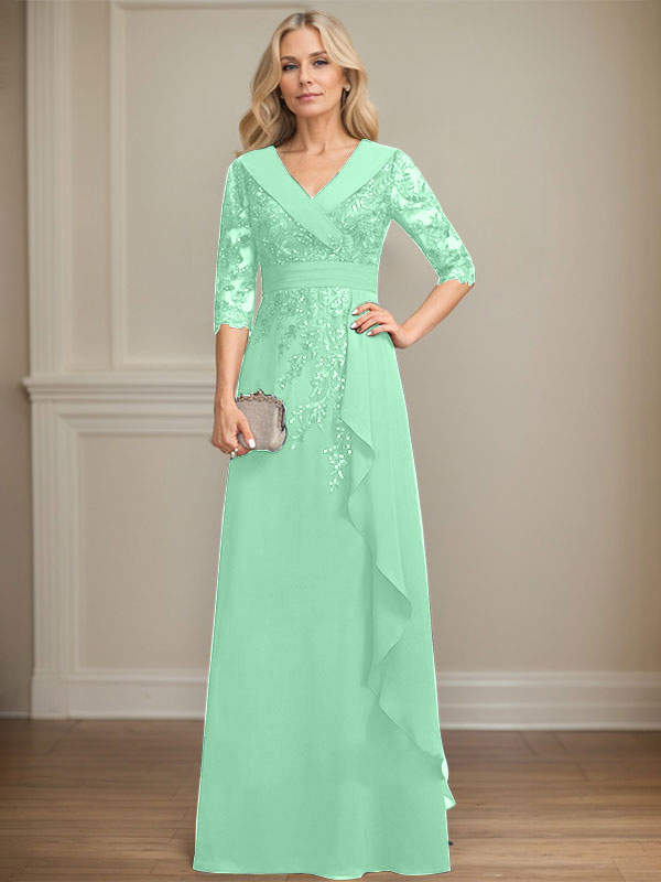 Vestido de madre de la novia de gasa con encaje, escote en V, corte A y largo hasta el suelo, con lentejuelas y volantes en cascada