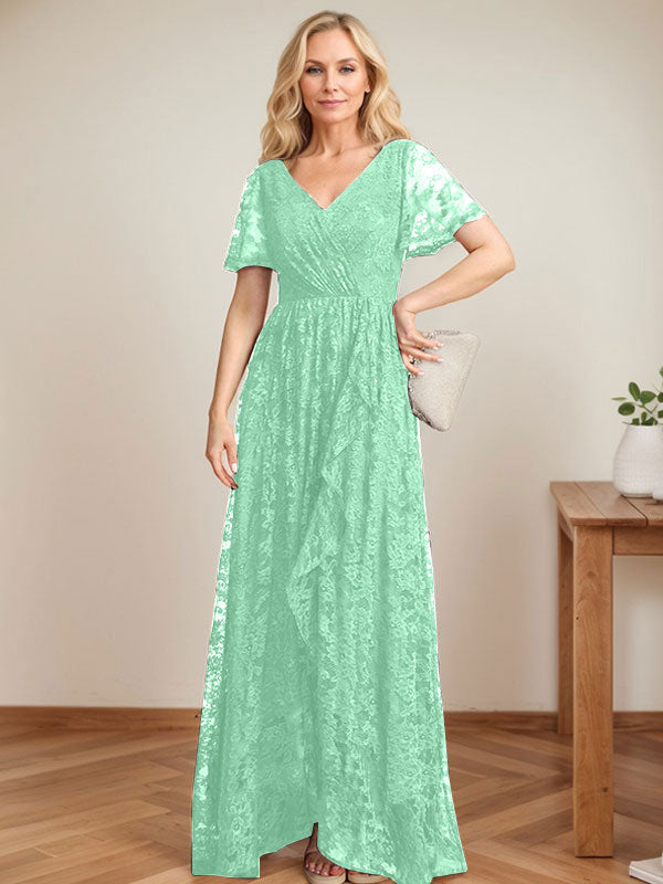 A-Linien-Kleid mit V-Ausschnitt, asymmetrischer Spitze für die Brautmutter mit kaskadierenden Rüschen