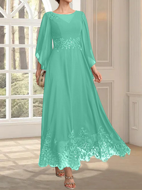 Vestido de gasa con encaje y lentejuelas para madre de la novia, corte A, escote ilusión, largo hasta los tobillos