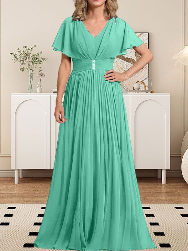 A-Linie V-Ausschnitt Bodenlang Chiffon Mutter der Braut Kleid Mit Kristall Brosche Plissee