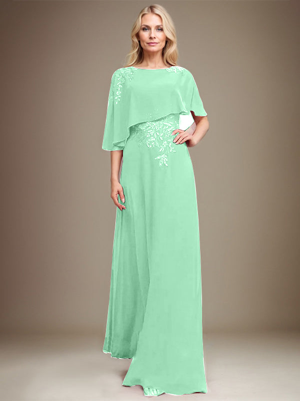 Vestido de gasa con encaje y lentejuelas para madre de la novia, corte A, largo hasta el suelo