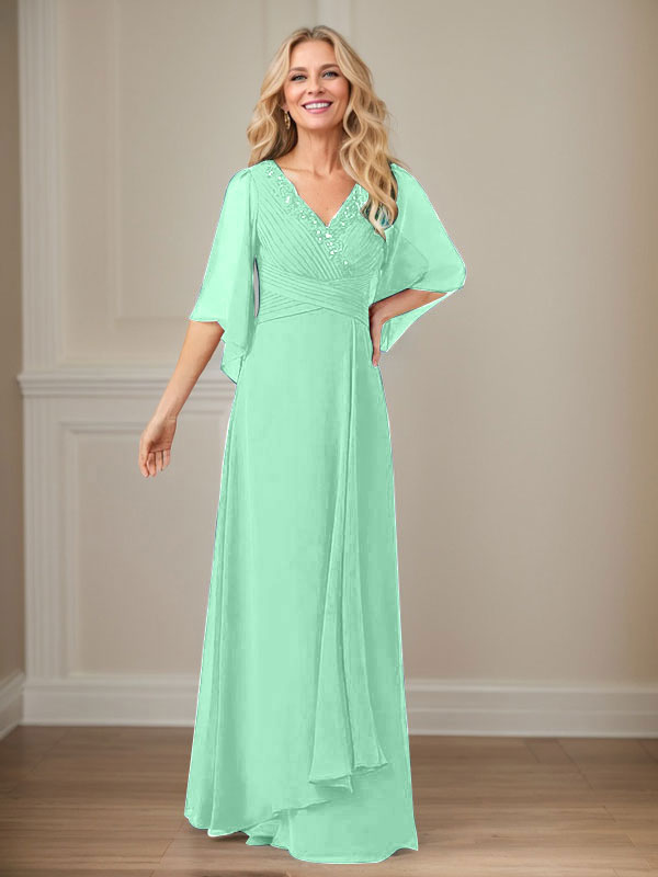 A-Linie V-Ausschnitt Lange Pailletten Chiffon Mutterkleid