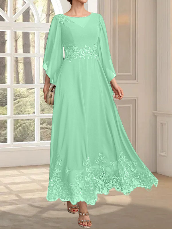 Vestido de gasa con encaje y lentejuelas para madre de la novia, corte A, escote ilusión, largo hasta los tobillos