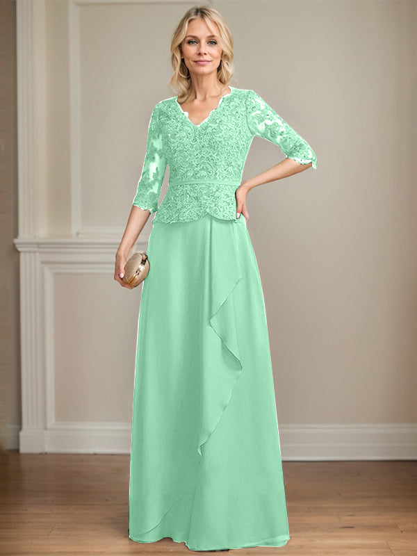 A-Linie, V-Ausschnitt, bodenlanges Chiffon-Kleid für die Brautmutter mit kaskadierenden Rüschen und Pailletten