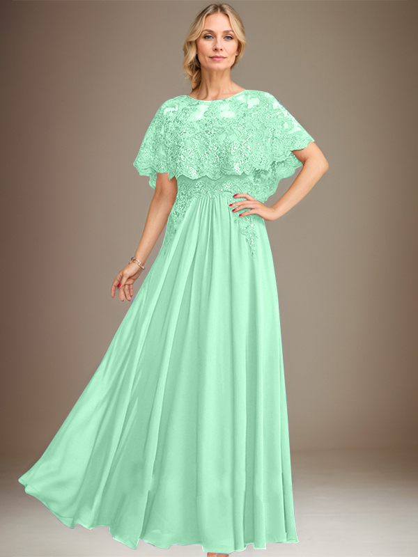 Vestido de madre de la novia de gasa con encaje, escote barco, largo hasta el suelo, con apliques de lentejuelas