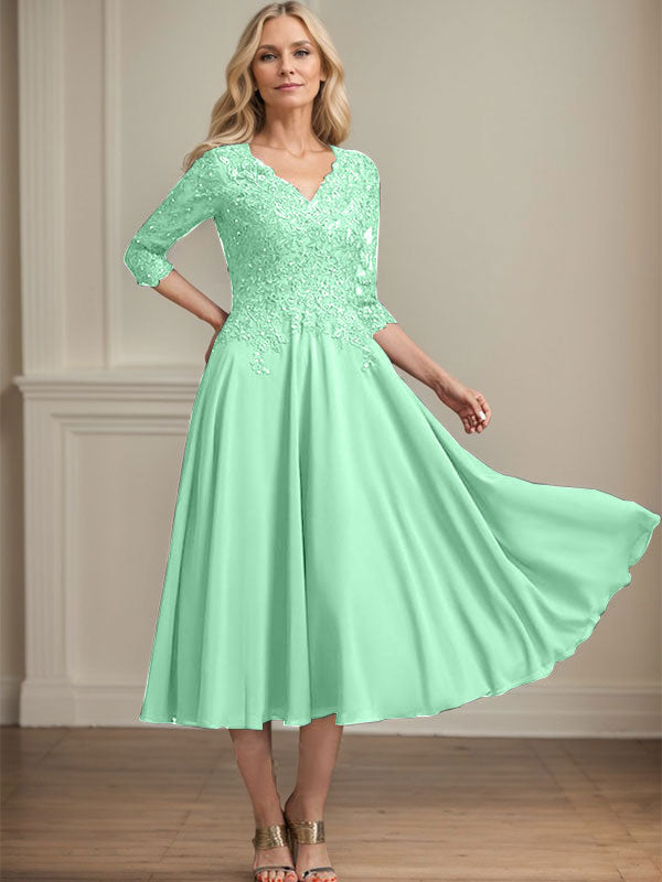 A-Linie, V-Ausschnitt, knielang, Chiffon, Spitze, Kleid für die Brautmutter mit Perlen und Pailletten